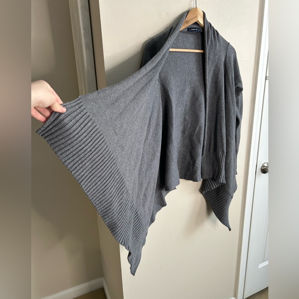 ZARA Knit Grey Draped Open Front Cardigan Sweater  Size L Large - Picture 2 of 6